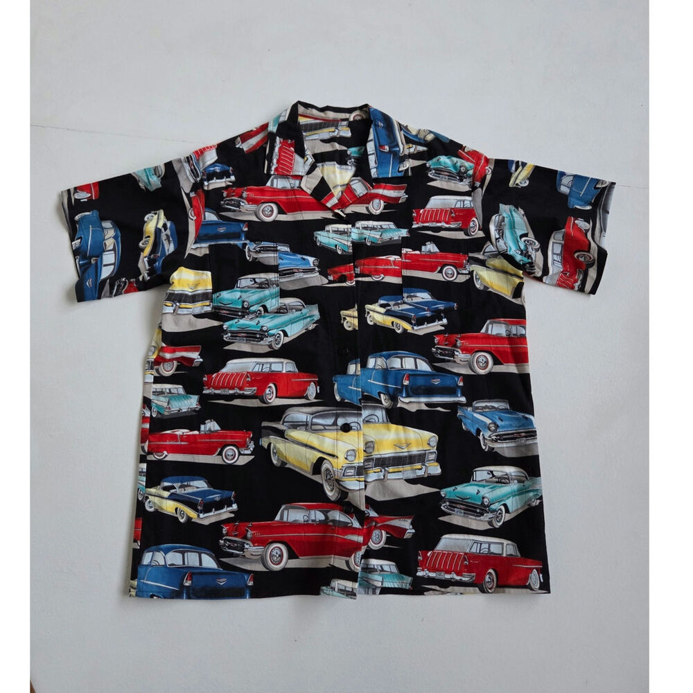 Vintage Handmade Chevy Bel Air Aloha Shirt 1950s Classic muscle Car Button Up XL